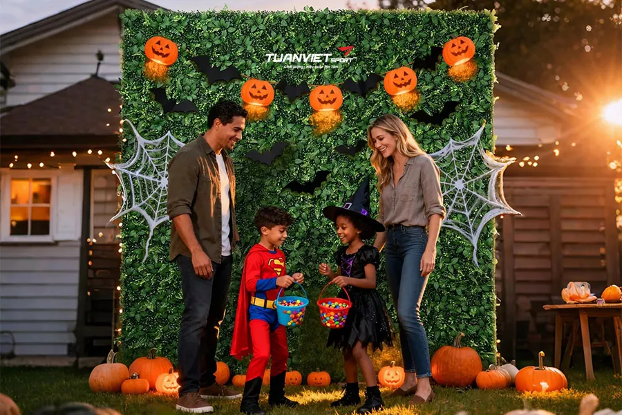 Trang trí góc chụp ảnh Halloween trong nhà bằng cỏ nhân tạo đẹp và ấn tượng