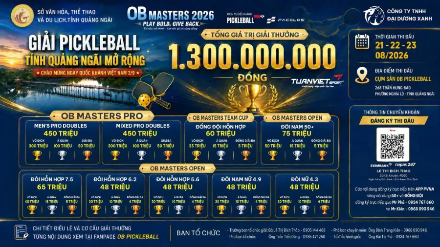 Giải Pickleball Tỉnh Quảng Ng&atilde;i Mở Rộng OB Masters 2026