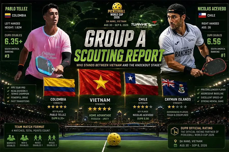 Việt Nam đối đầu Colombia và Chile tại bảng A giải pickleball thế giới 2026